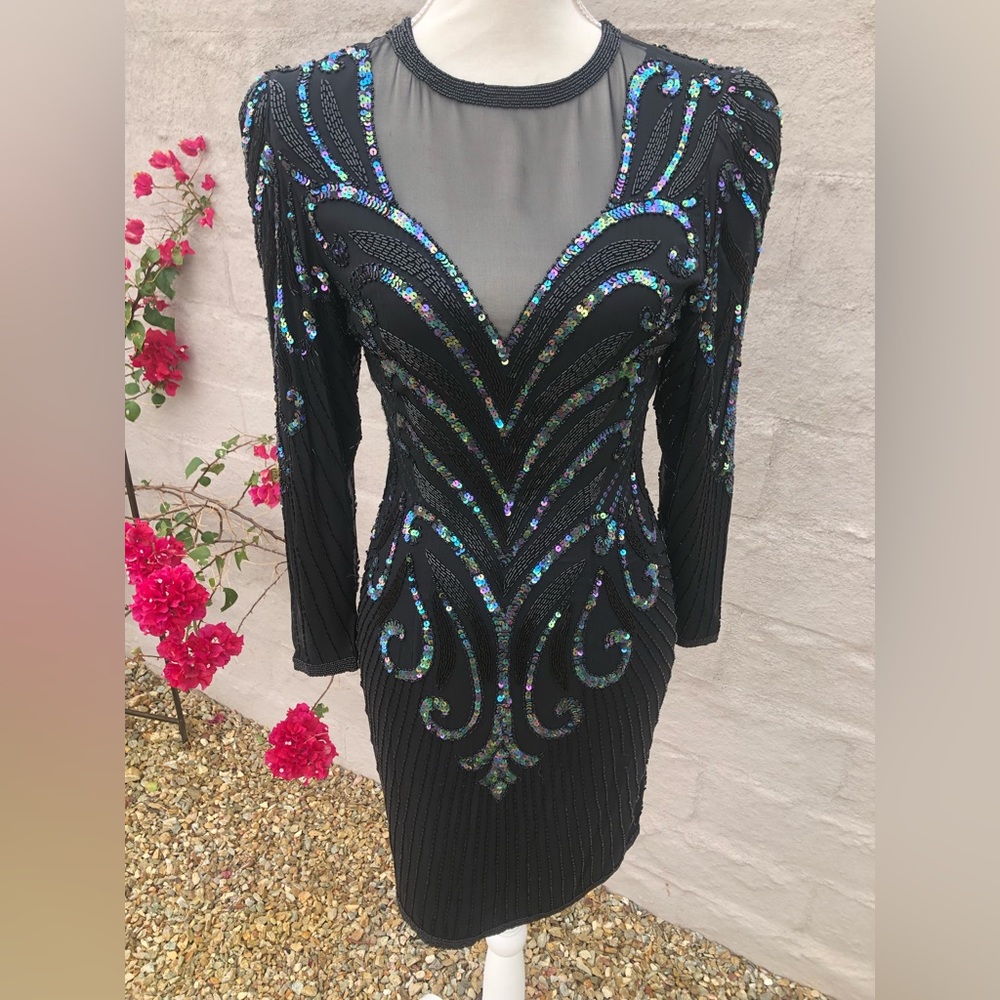 Vintage  mesh sequin beaded silk mini dress with long sleeve holiday sparkle - Picture 11 of 16